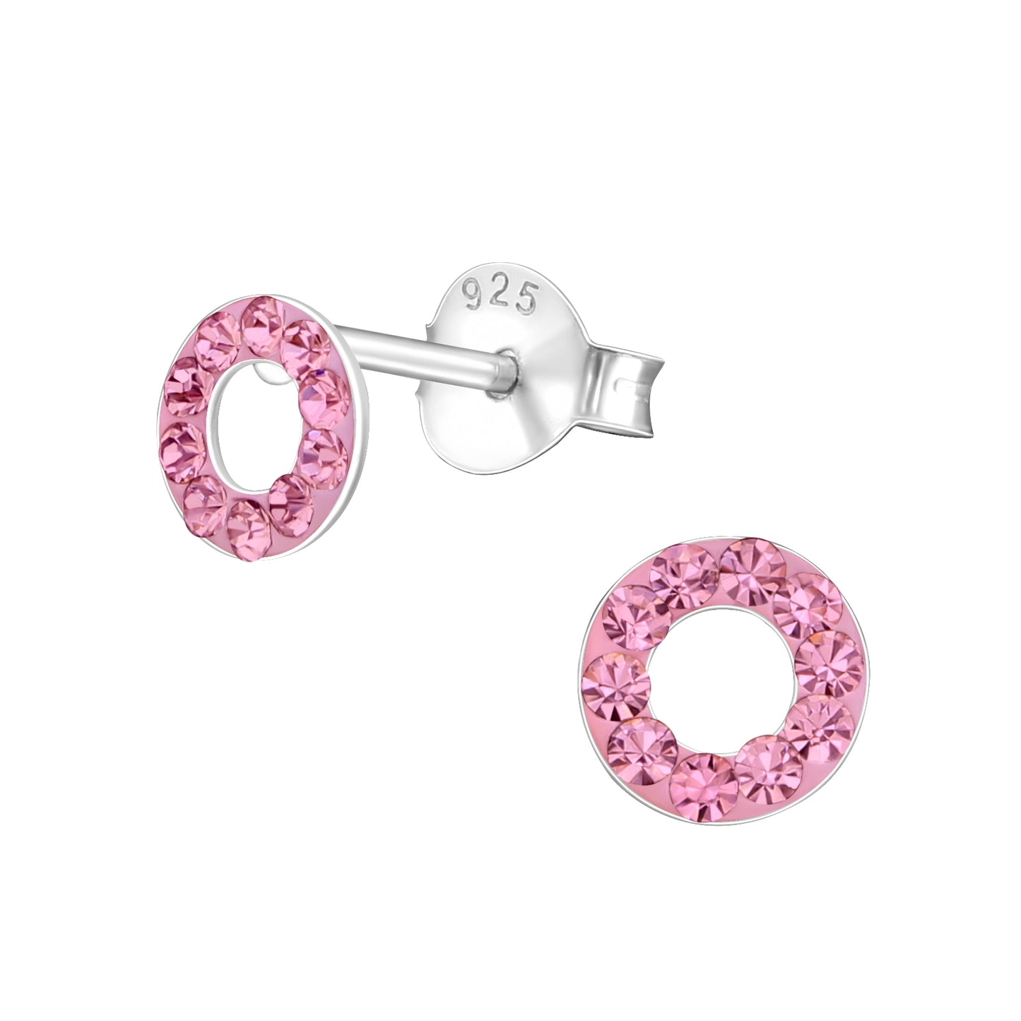 Silver open circle earrings light pink crystal