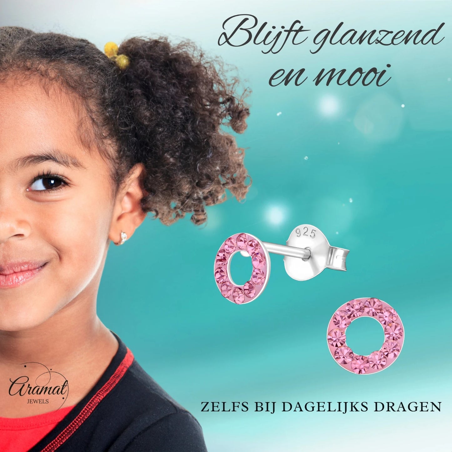 Silver open circle earrings light pink crystal