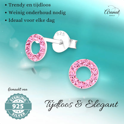Silver open circle earrings light pink crystal