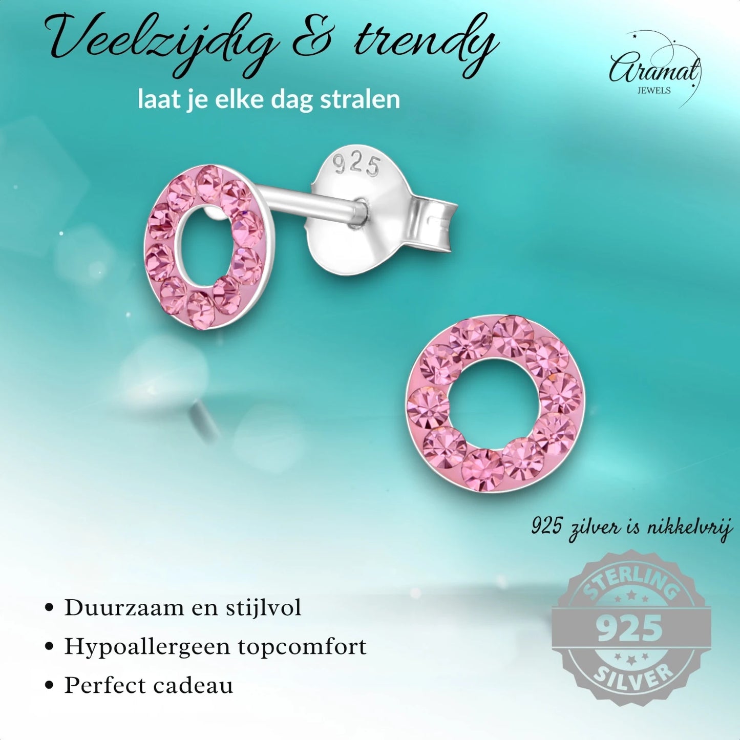 Silver open circle earrings light pink crystal