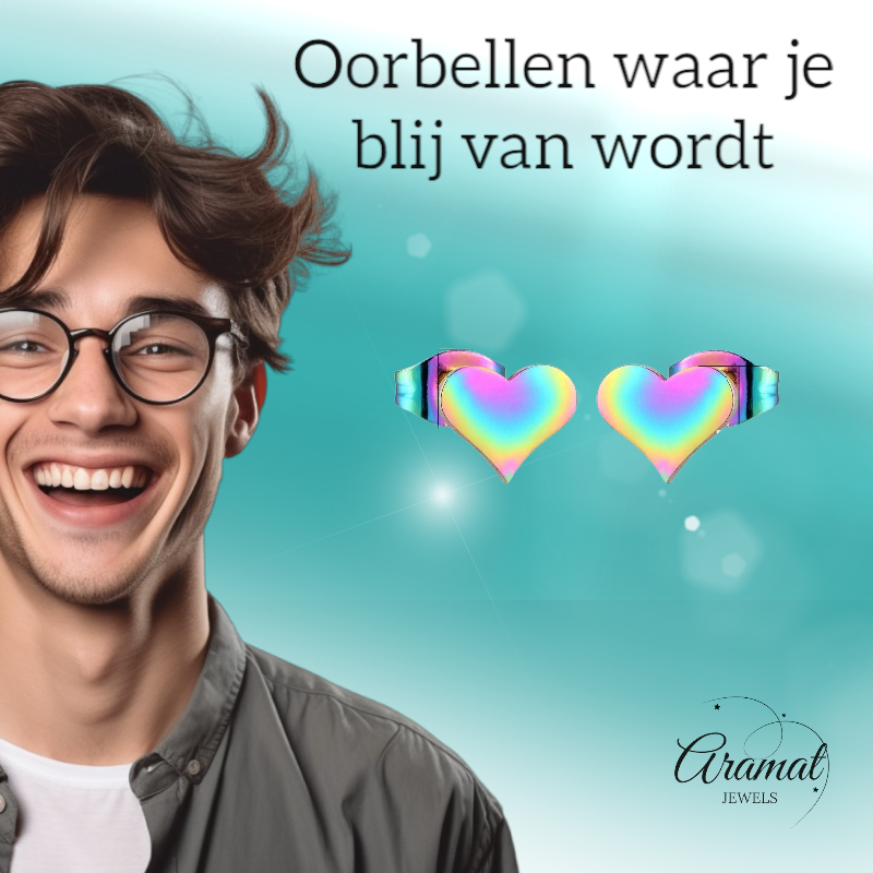 Rainbow heart stud earrings – 9x8mm cheerful stainless steel