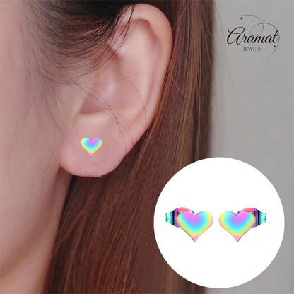 Rainbow heart stud earrings – 9x8mm cheerful stainless steel