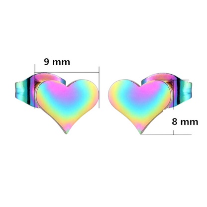 Rainbow heart stud earrings – 9x8mm cheerful stainless steel