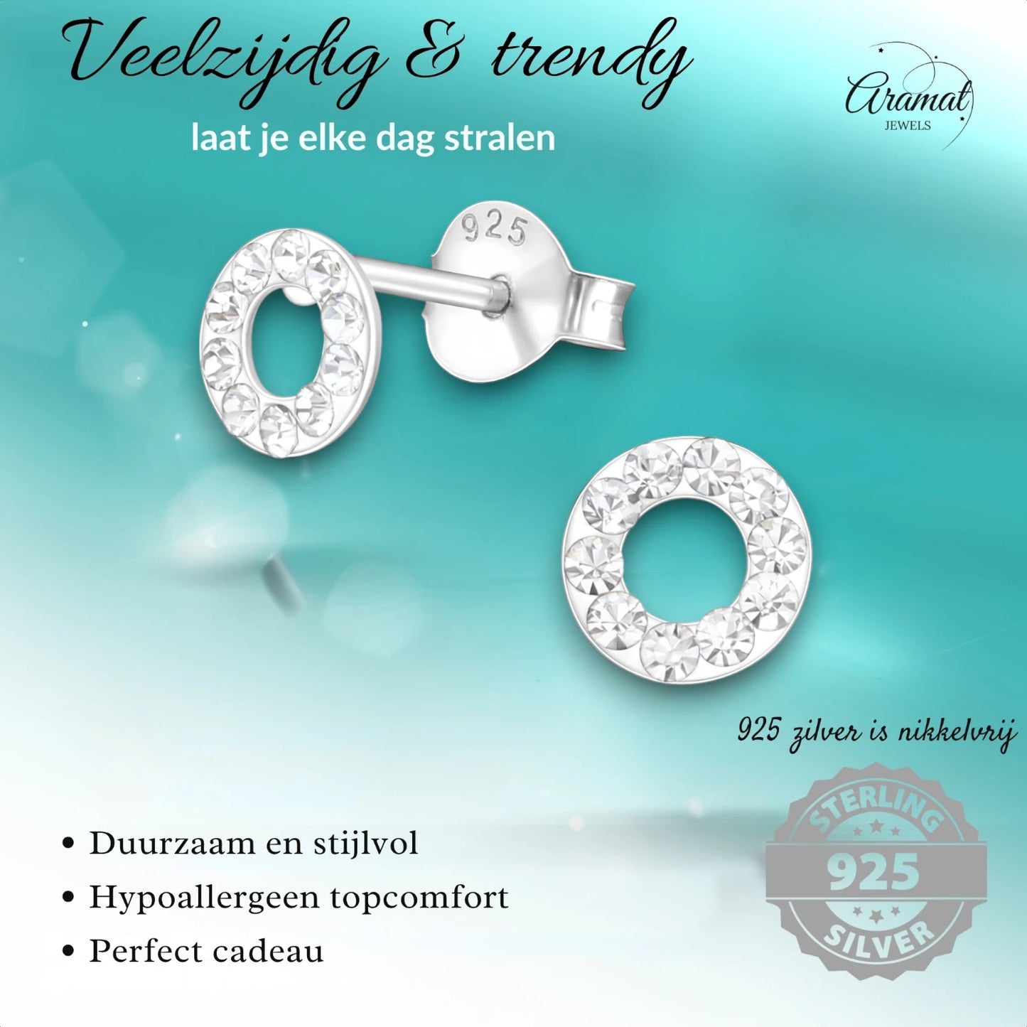 Open circle earrings silver transparent crystal