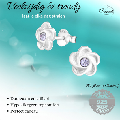 Boucles d'oreilles puces en argent en forme de fleur avec cristal lilas 7 mm