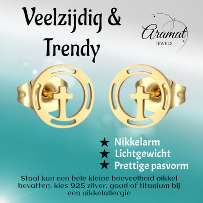 Steel Round Cross Earrings Gold Color – 10mm