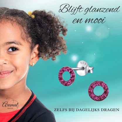 Silver open circle earrings bright pink crystal