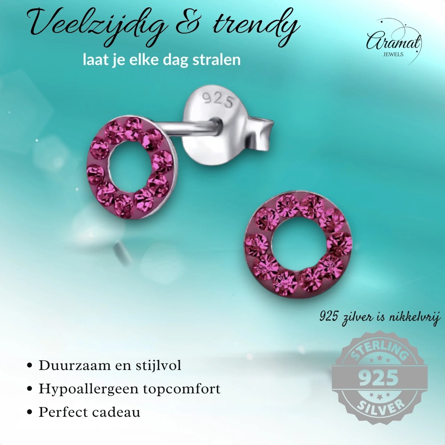 Silver open circle earrings bright pink crystal