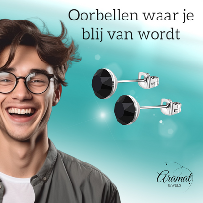 Steel Crystal Earrings with black stones - Silver color - 4mm