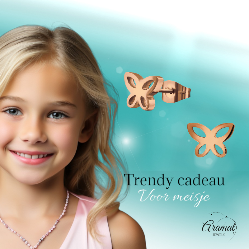 Boucles d'oreilles papillon en or rose – modèle ajouré 7 x 9 mm