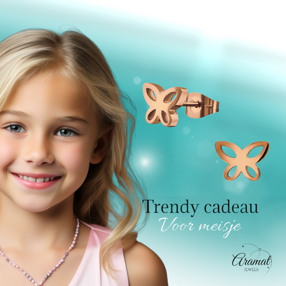 Boucles d'oreilles papillon en or rose – modèle ajouré 7 x 9 mm