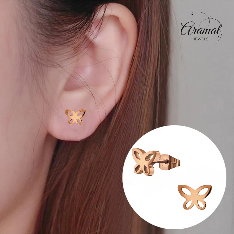 Boucles d'oreilles papillon en or rose – modèle ajouré 7 x 9 mm