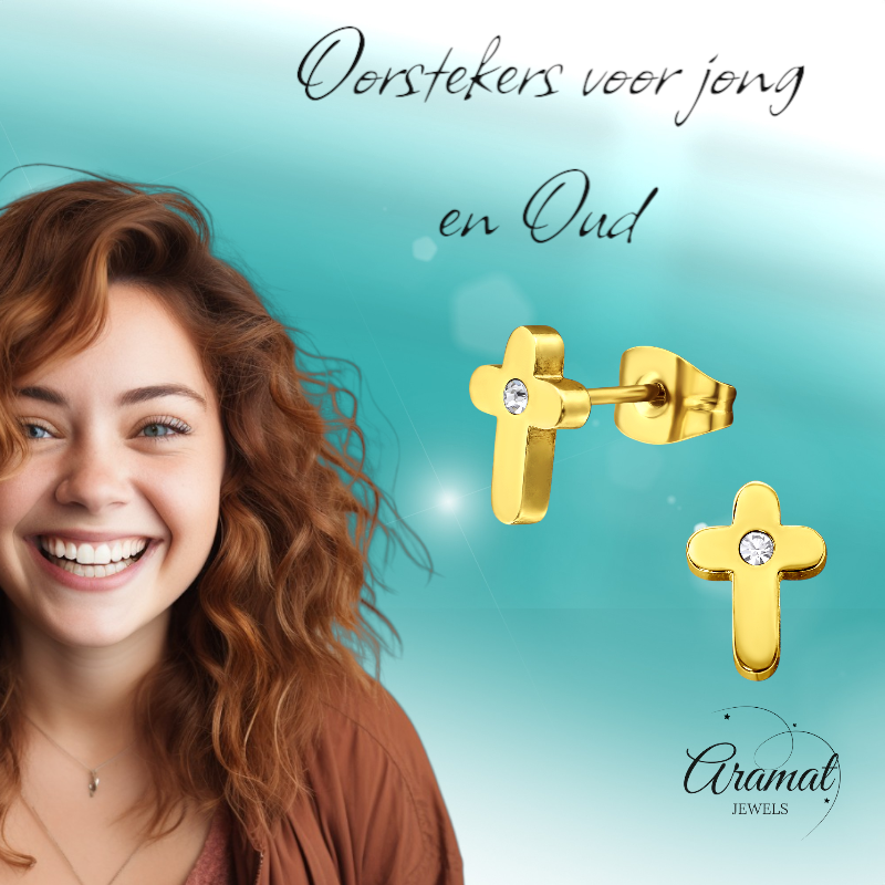 Cross Earrings Gold Color with Stone 9x6mm