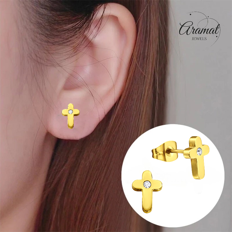 Cross Earrings Gold Color with Stone 9x6mm
