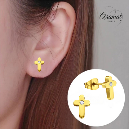 Cross Earrings Gold Color with Stone 9x6mm