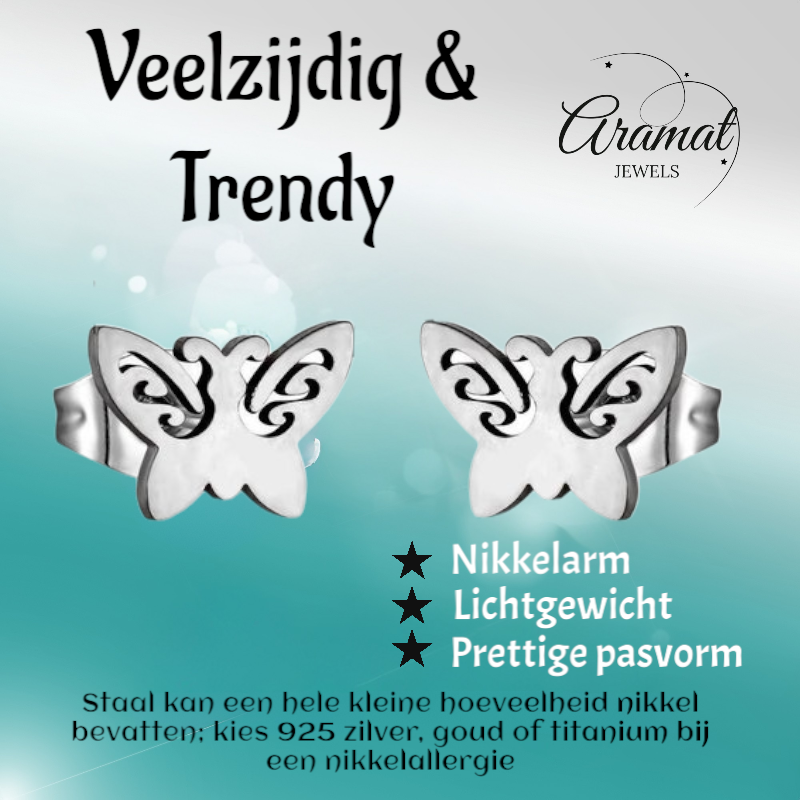 Butterfly stud earrings steel – 7x9mm open wing