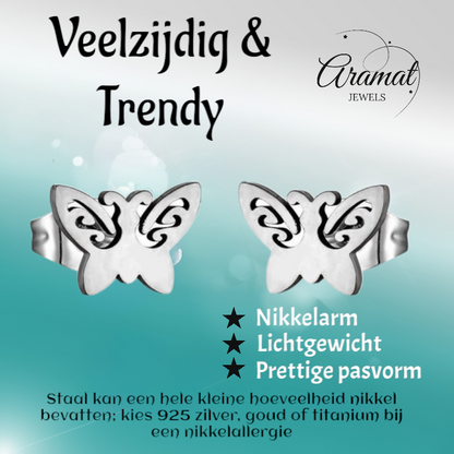 Butterfly stud earrings steel – 7x9mm open wing
