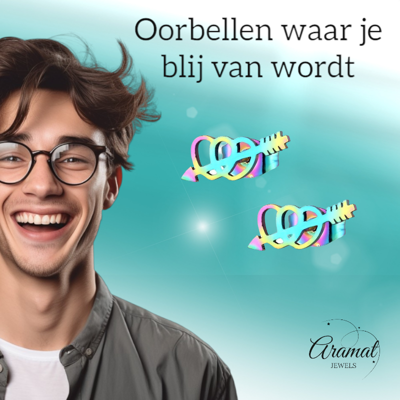 Double rainbow heart stud earrings – 10x5mm stainless steel