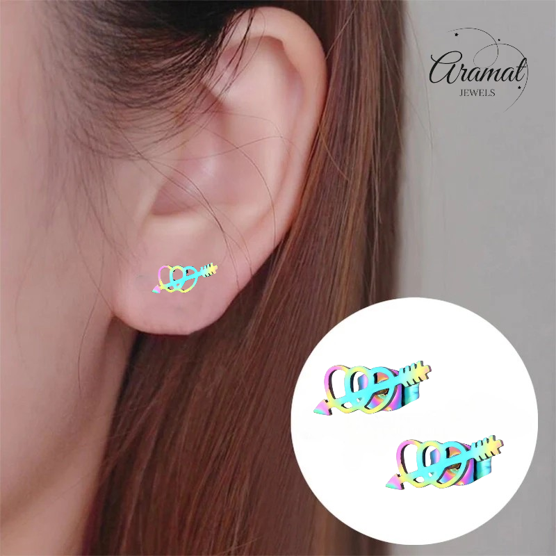 Double rainbow heart stud earrings – 10x5mm stainless steel