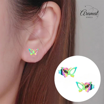 Butterfly stud earrings multi-coloured steel – 6x10mm open