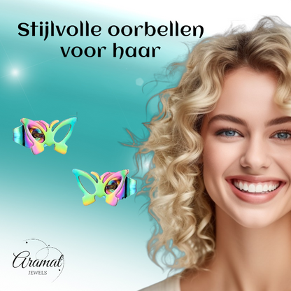 Butterfly stud earrings multi-coloured steel – 6x10mm open