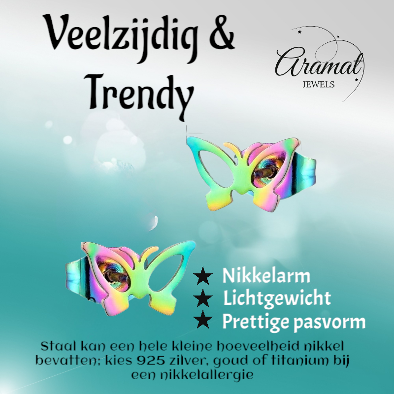 Butterfly stud earrings multi-coloured steel – 6x10mm open