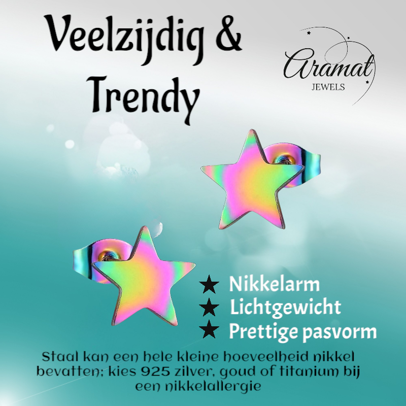 Boucles d'oreilles puces en forme d'étoile, acier multicolore – 7 mm, format compact