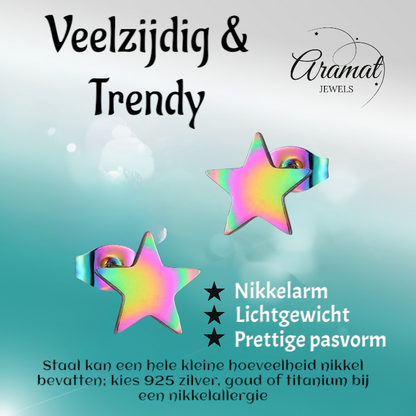 Boucles d'oreilles puces en forme d'étoile, acier multicolore – 7 mm, format compact