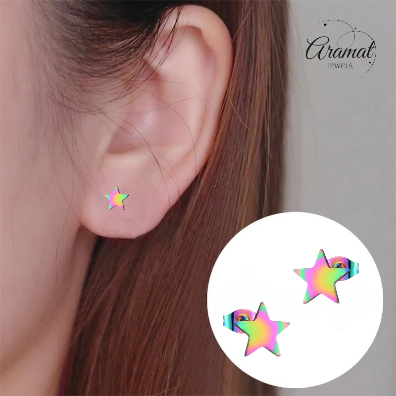 Boucles d'oreilles puces en forme d'étoile, acier multicolore – 7 mm, format compact