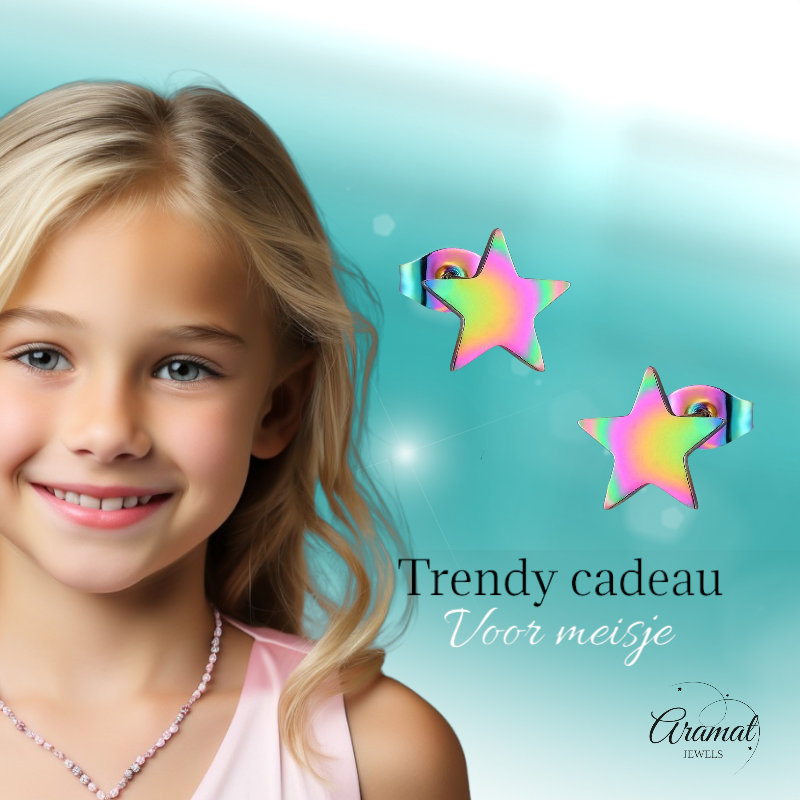 Boucles d'oreilles puces en forme d'étoile, acier multicolore – 7 mm, format compact