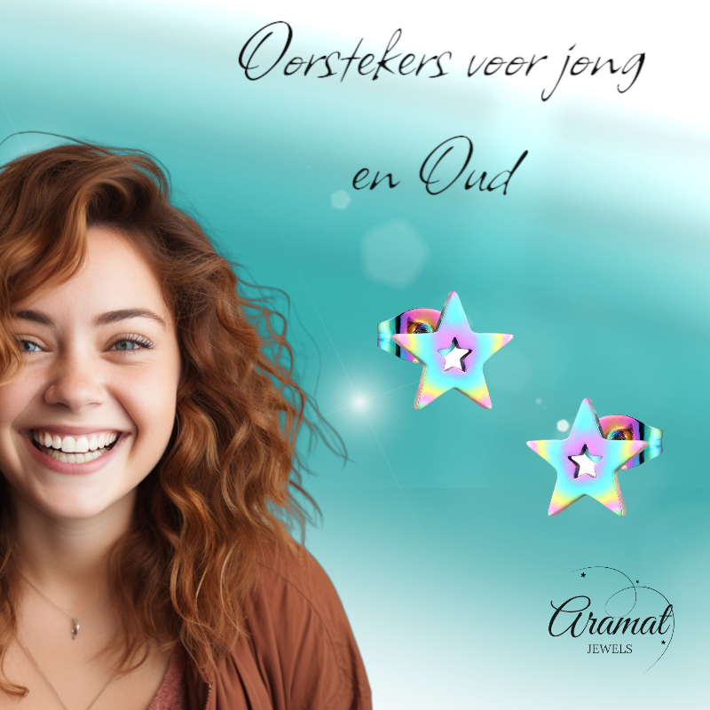 Star stud earrings multi-coloured steel – 9mm unique