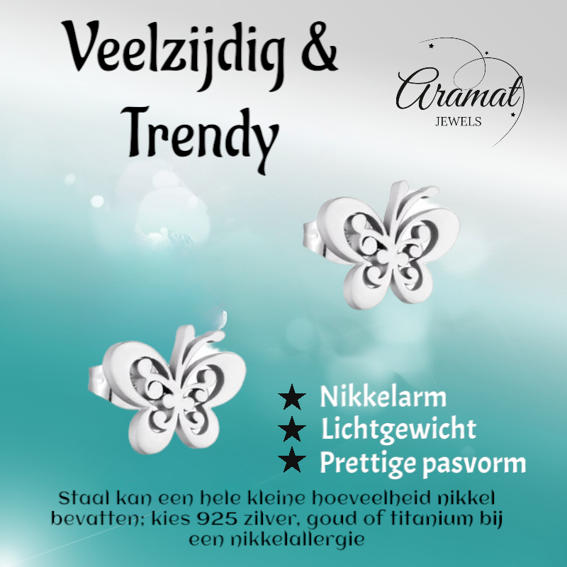 Steel butterfly stud earrings silver color 11x9mm