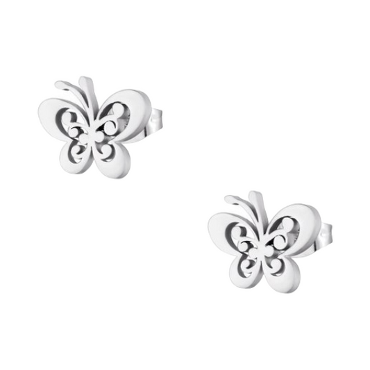 Steel butterfly stud earrings silver color 11x9mm