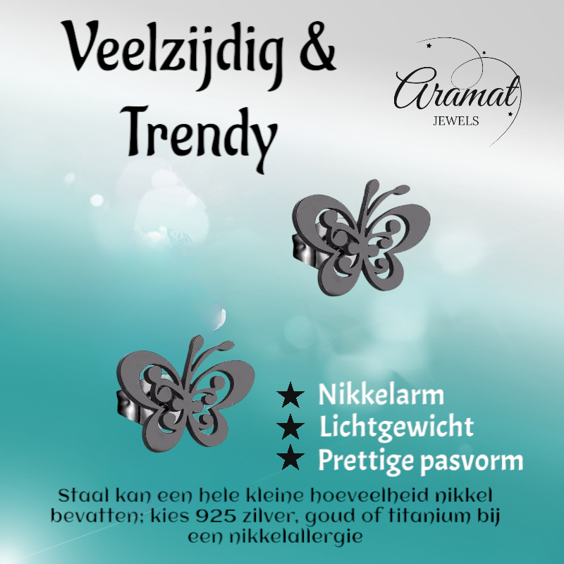 Black butterfly stud earrings steel – 8x10mm open wing