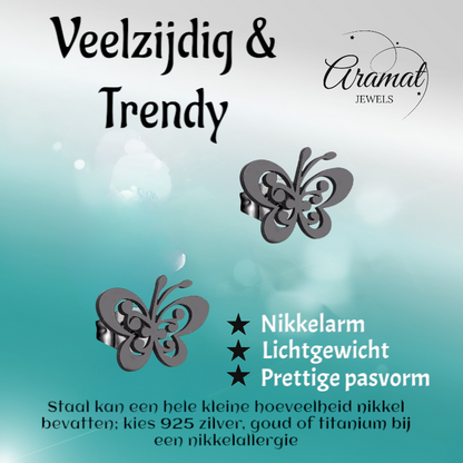 Black butterfly stud earrings steel – 8x10mm open wing