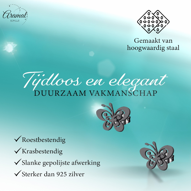 Black butterfly stud earrings steel – 8x10mm open wing