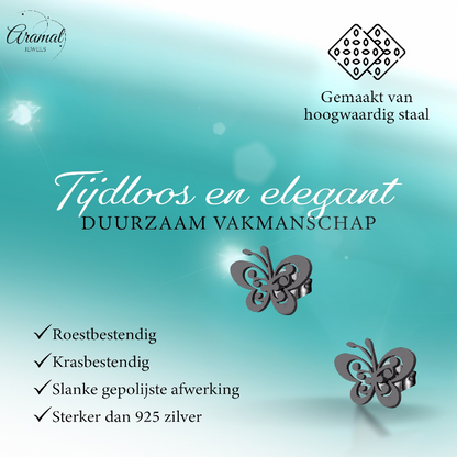 Black butterfly stud earrings steel – 8x10mm open wing