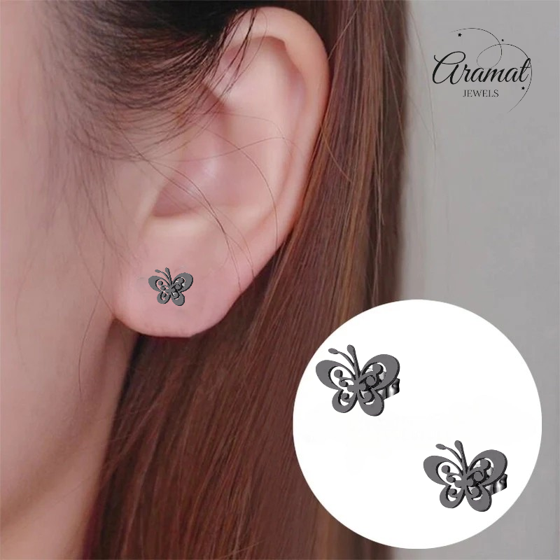 Black butterfly stud earrings steel – 8x10mm open wing