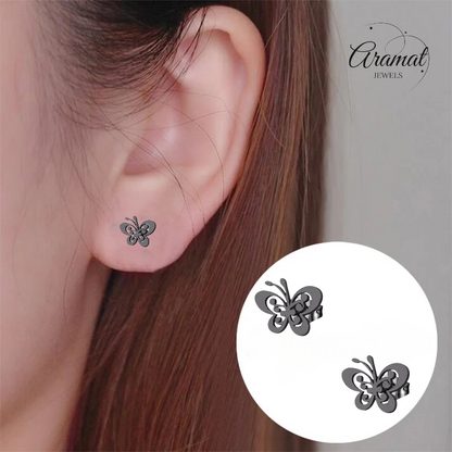 Black butterfly stud earrings steel – 8x10mm open wing