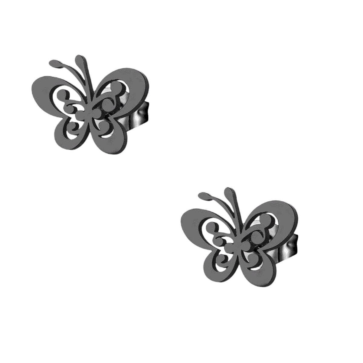 Black butterfly stud earrings steel – 8x10mm open wing