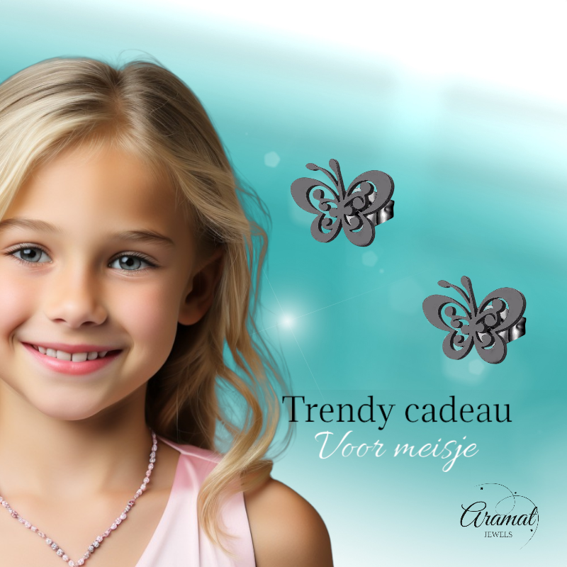 Black butterfly stud earrings steel – 8x10mm open wing