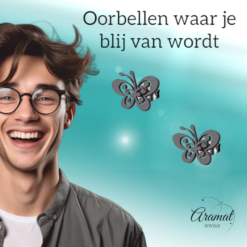 Black butterfly stud earrings steel – 8x10mm open wing