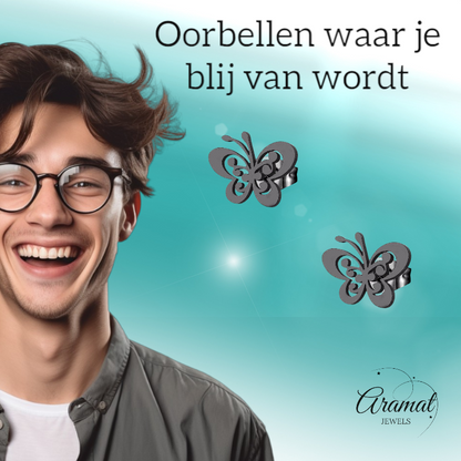 Black butterfly stud earrings steel – 8x10mm open wing