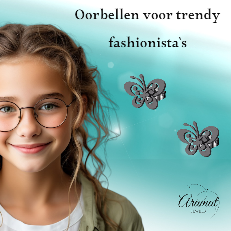 Black butterfly stud earrings steel – 8x10mm open wing