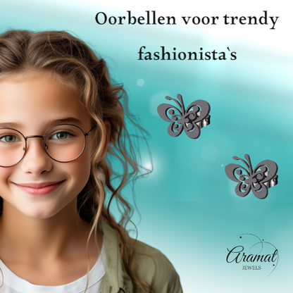 Black butterfly stud earrings steel – 8x10mm open wing