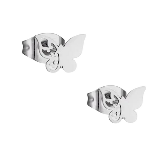 Butterfly stud earrings steel – 3 butterflies – silver-colored