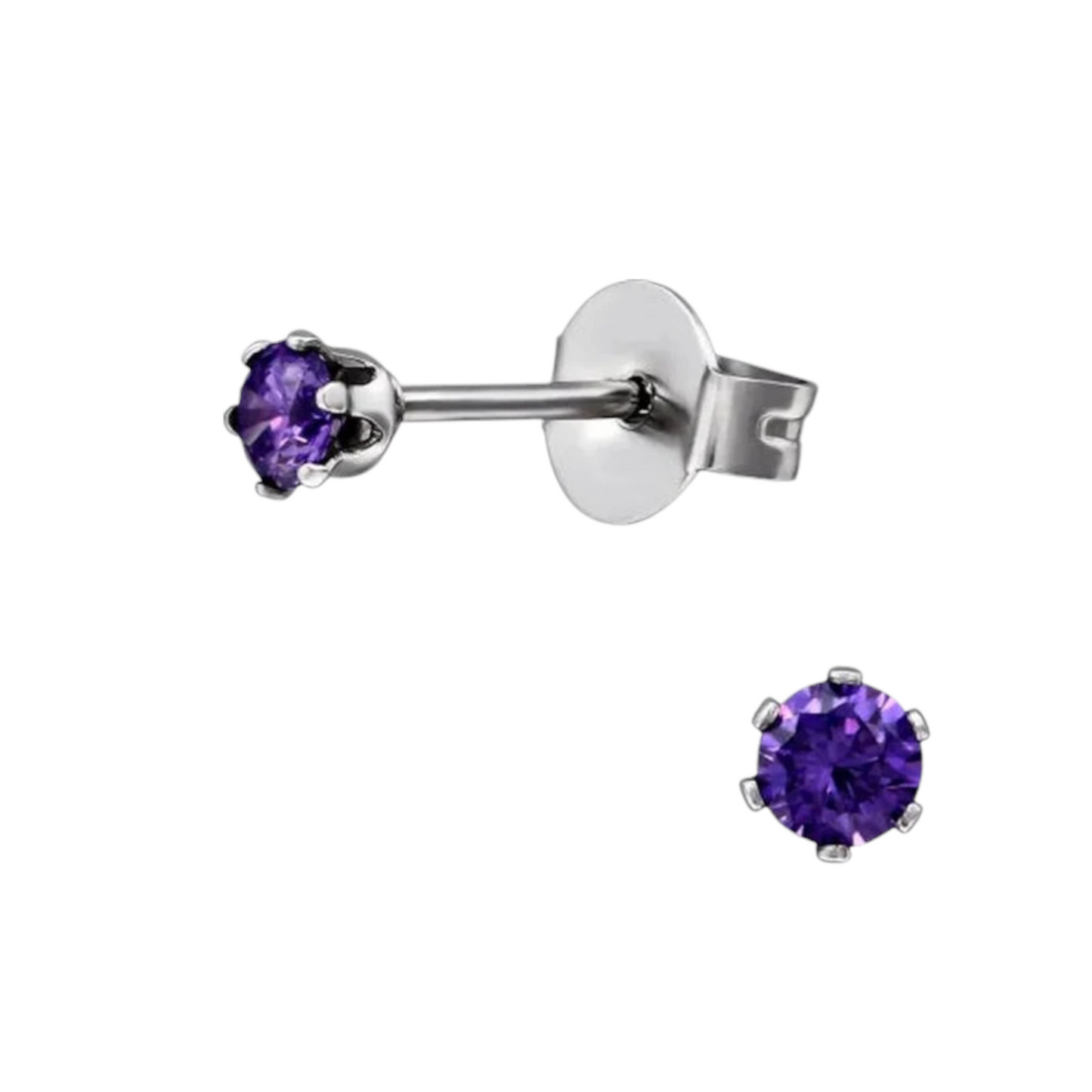 Purple Zirconia Earrings – 3mm Stainless Steel