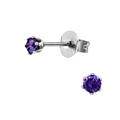 Purple Zirconia Earrings – 3mm Stainless Steel