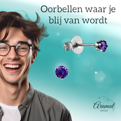 Purple Zirconia Earrings – 3mm Stainless Steel