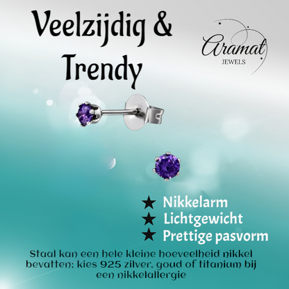 Purple Zirconia Earrings – 3mm Stainless Steel